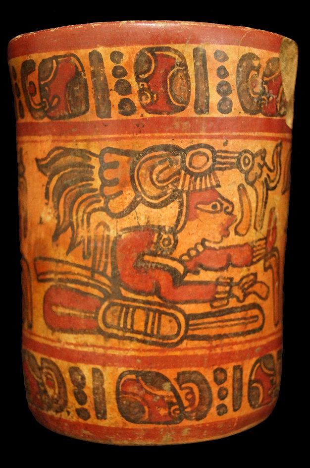 6 3/4" x 5 1/8" Polychrome Mayan Cylinder which includes Mayan number glyphs & 3 Mayan Lords.