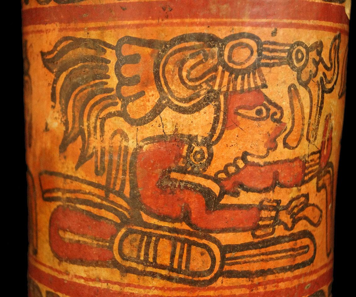 6 3/4" x 5 1/8" Polychrome Mayan Cylinder which includes Mayan number glyphs & 3 Mayan Lords.