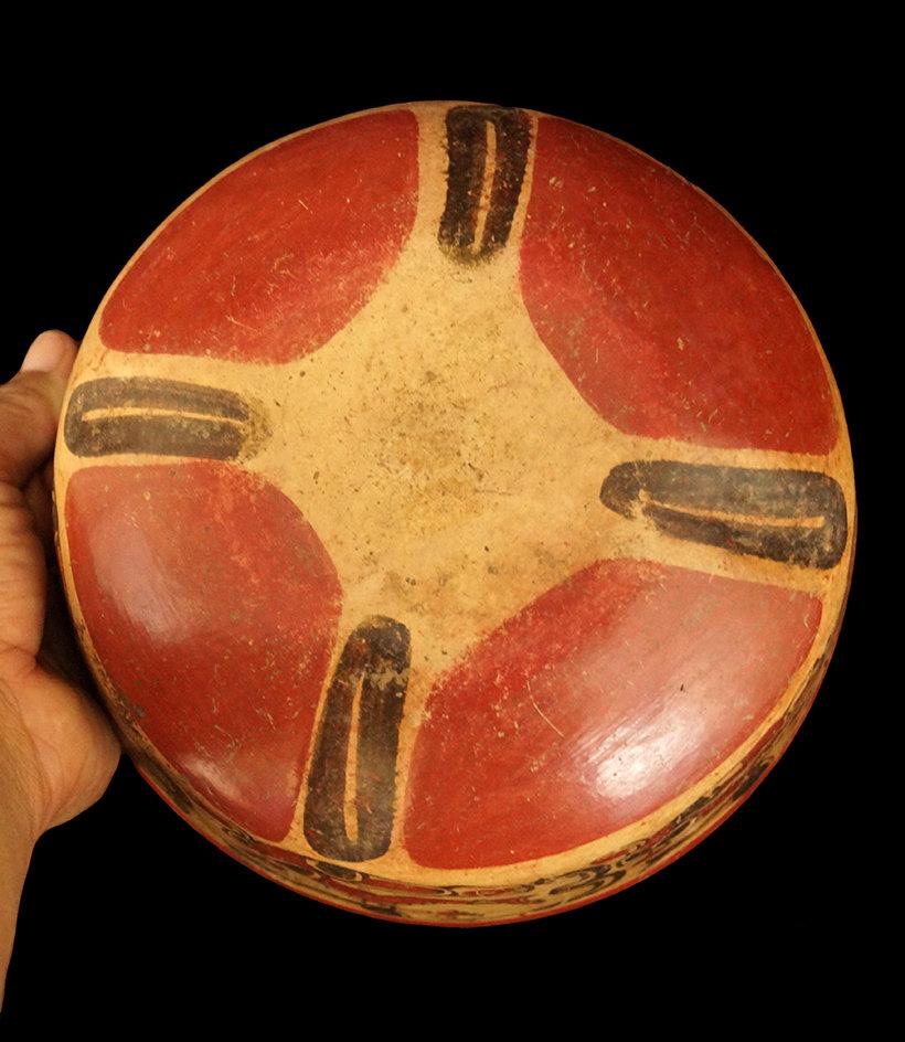 3 1/8" x 8" Mayan Classic Period Polychrome Bowl with avian symbols and soldiers.