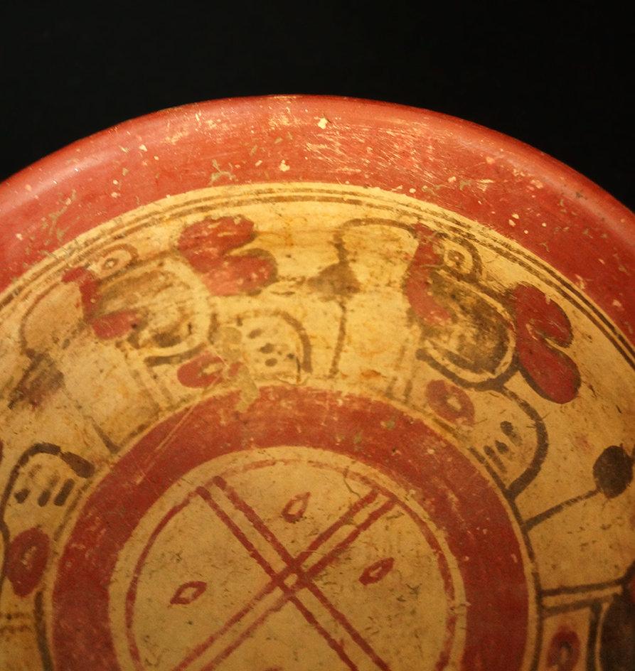 3 1/8" x 8" Mayan Classic Period Polychrome Bowl with avian symbols and soldiers.