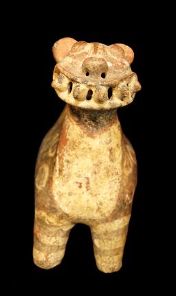 8" x 3 1/2" Early Vicus Jaguar Effigy Whistle Pot from the Ecuador/Peru area. Rare ceramic type.