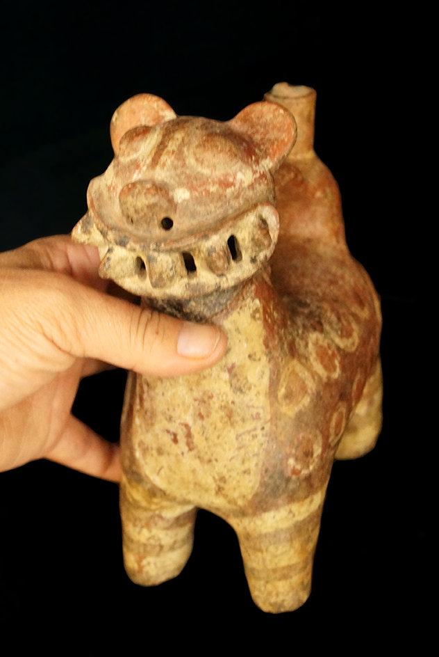 8" x 3 1/2" Early Vicus Jaguar Effigy Whistle Pot from the Ecuador/Peru area. Rare ceramic type.