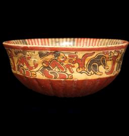 3 1/4" x 8 1/2" Classic Period Polychrome Mayan Bowl with fluted bottom - Highly detailed.