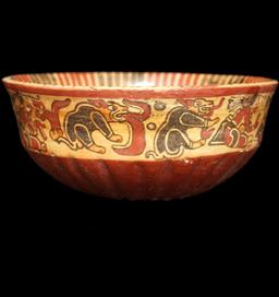 3 1/4" x 8 1/2" Classic Period Polychrome Mayan Bowl with fluted bottom - Highly detailed.