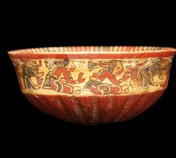 3 1/4" x 8 1/2" Classic Period Polychrome Mayan Bowl with fluted bottom - Highly detailed.