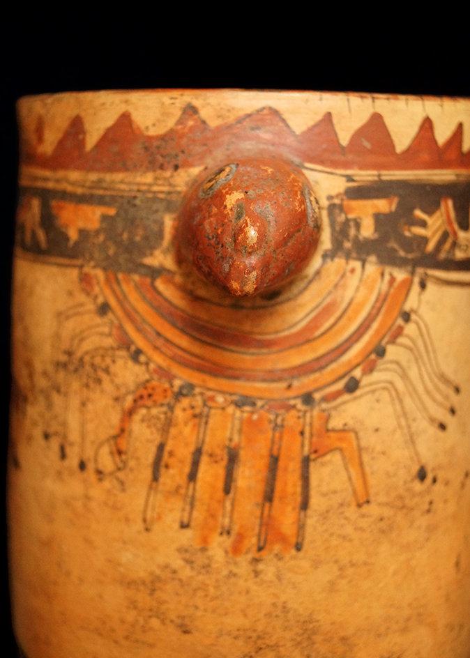 9 5/8" x 6 9/16" Polychrome Mayan Cylinder with Harpy Eagle effigy handles.