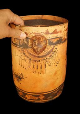 9 5/8" x 6 9/16" Polychrome Mayan Cylinder with Harpy Eagle effigy handles.