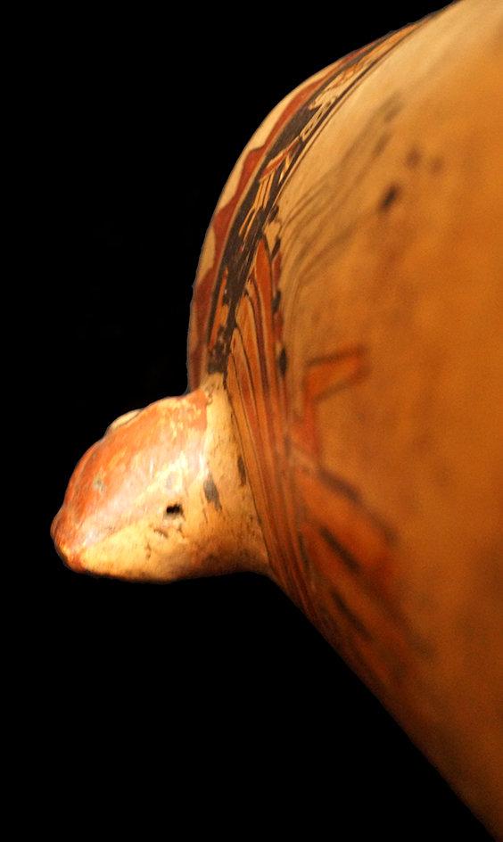 9 5/8" x 6 9/16" Polychrome Mayan Cylinder with Harpy Eagle effigy handles.