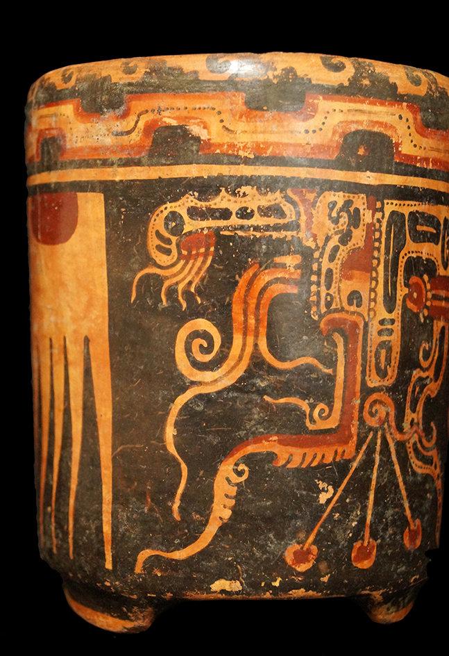 5 1/2" x 4 5/8" Solid Tri-leg Mayan Polychrome Cylinder with religious God figure and rising sun.