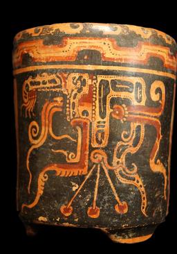 5 1/2" x 4 5/8" Solid Tri-leg Mayan Polychrome Cylinder with religious God figure and rising sun.
