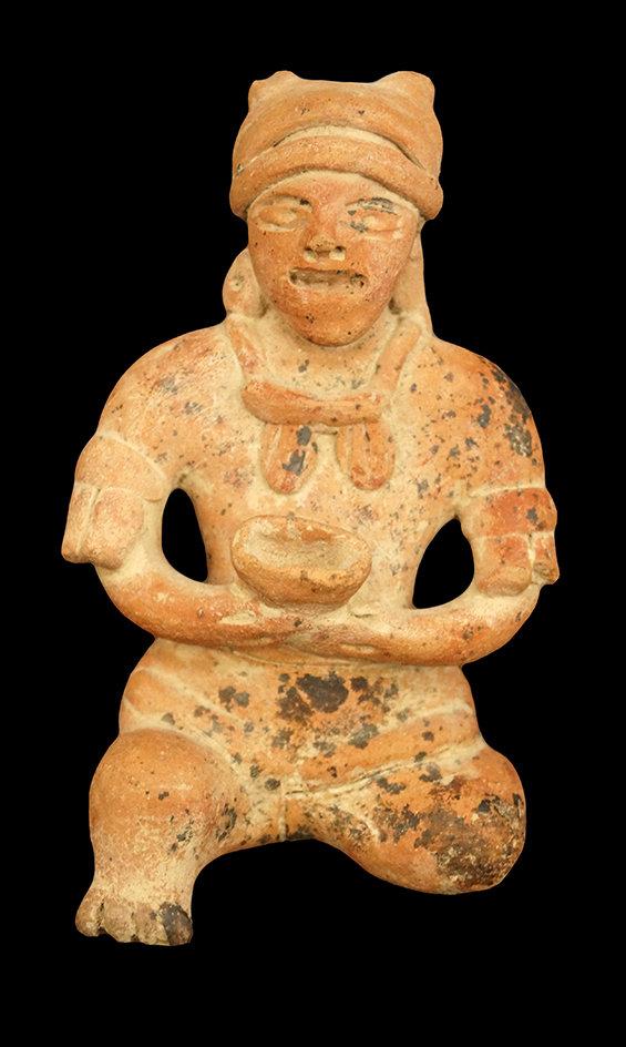 4 1/4"  x 2 3/8" PreColumbian Seated Figure w/cup. Nice detail - arm bands, necklace, ear spools.