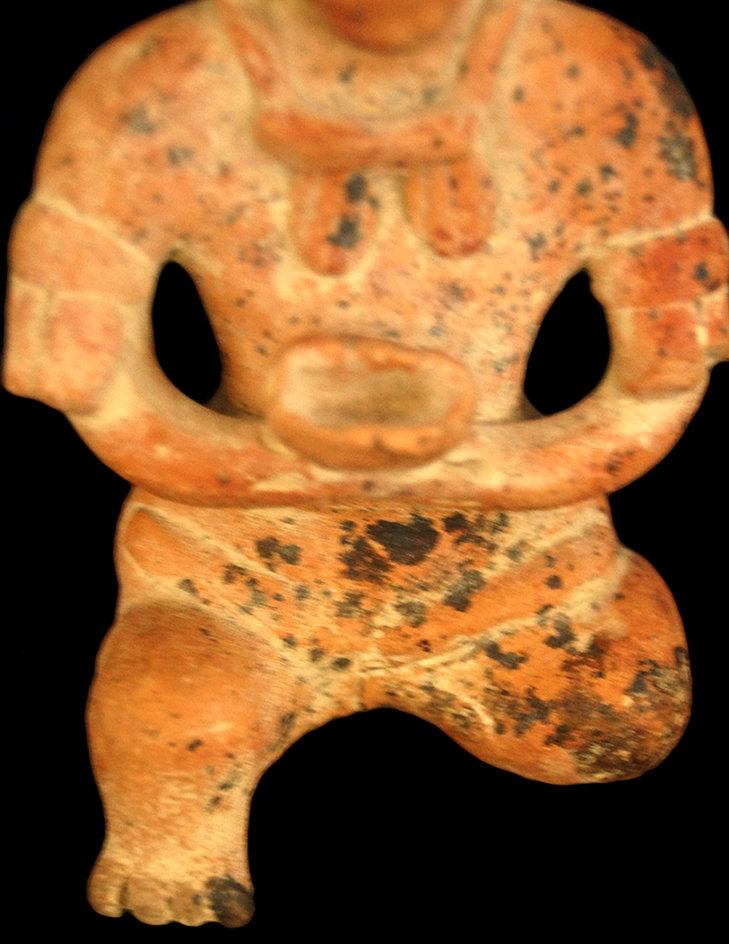 4 1/4"  x 2 3/8" PreColumbian Seated Figure w/cup. Nice detail - arm bands, necklace, ear spools.