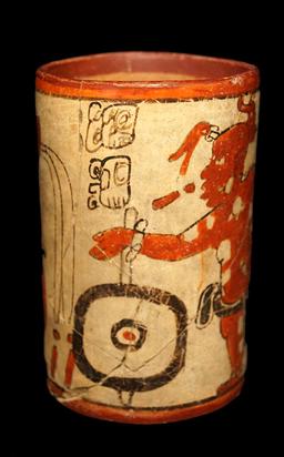5 1/2" x 3 3/8" Polychrome Mayan Cylinder with two human figures and glyphs, Dwarf figure.