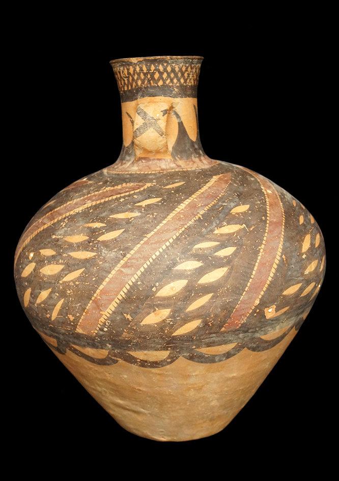 Very large 13 1/2" x 12" Neolithic Chinese Strap Handled Bottle with very nice Polychrome Paint.