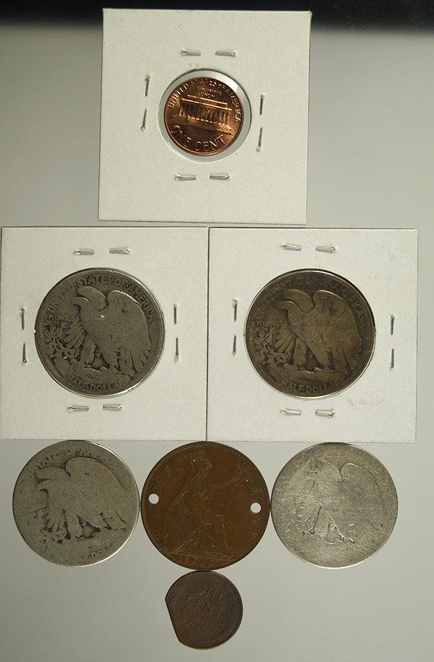 Lincoln Wheat Cent, 4 No/Partial Date Walking Lib Half Dollars Culls, Lincoln Cent, G Britain Penny.