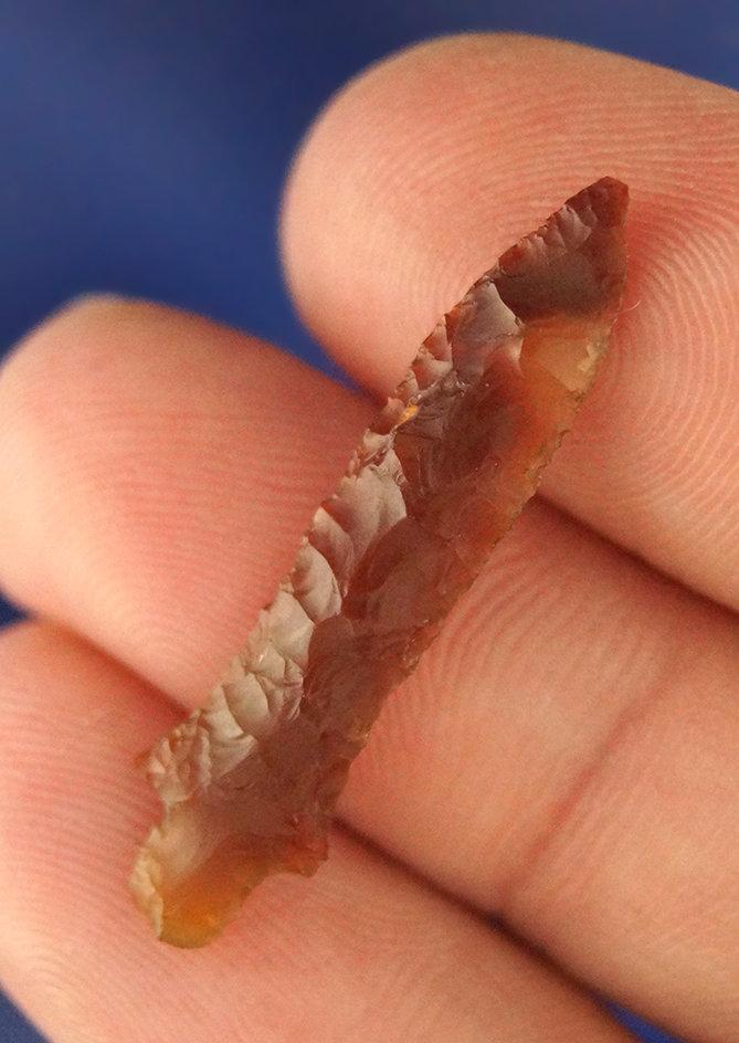 1 1/4" Klickitat Dagger made from Carnelian Agate. Found near Five Mile Locks. Ex. Elmer Buehler.