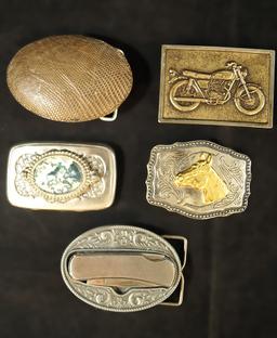 Group of 5 Belt Buckles, one includes a magnetic detachable Pocket Knife.