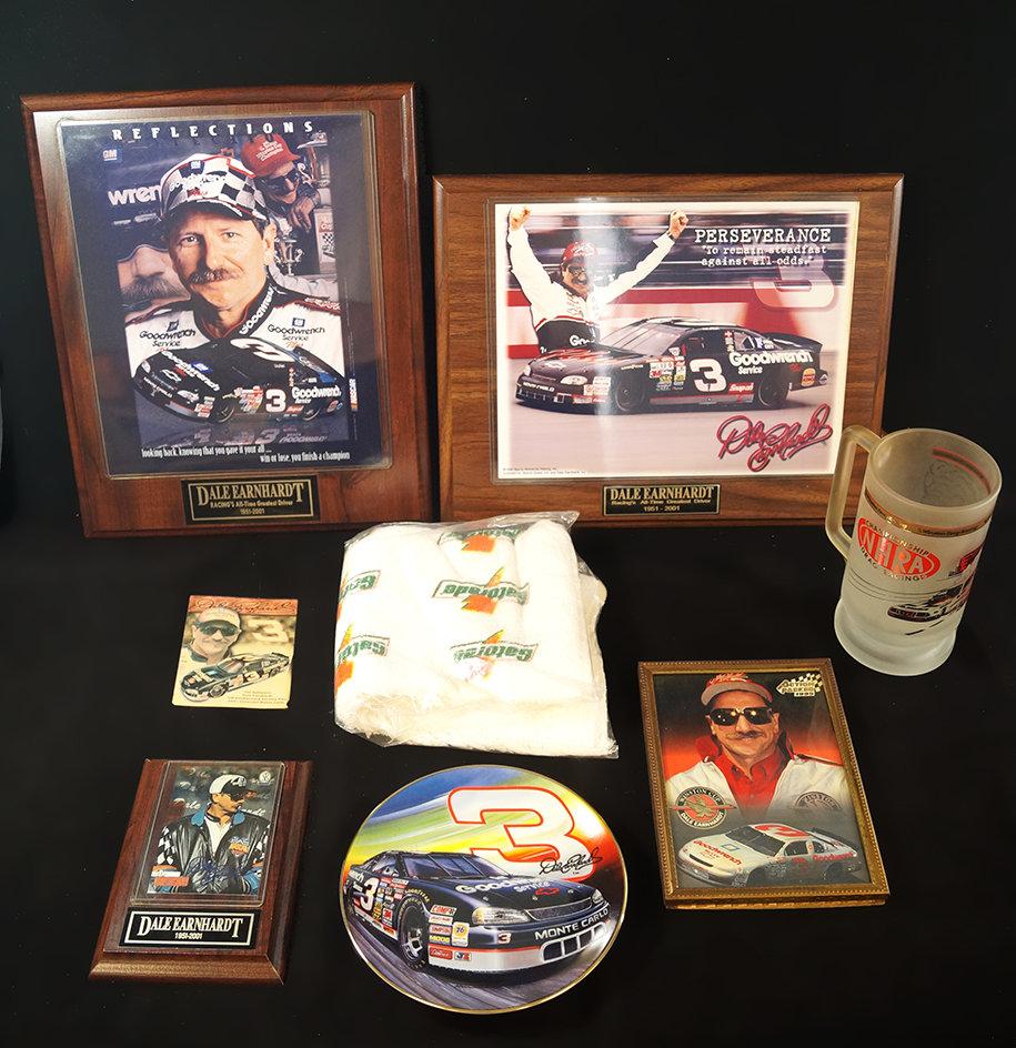 Dale Earnhardt Memorabilia, including a 24 Karat Gold Plated Winston Drag Racing NHRA Cup.
