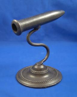 Goffering iron, single, S shaped column, circular base, all iron, Ht 6 1/4", barrel 6" long