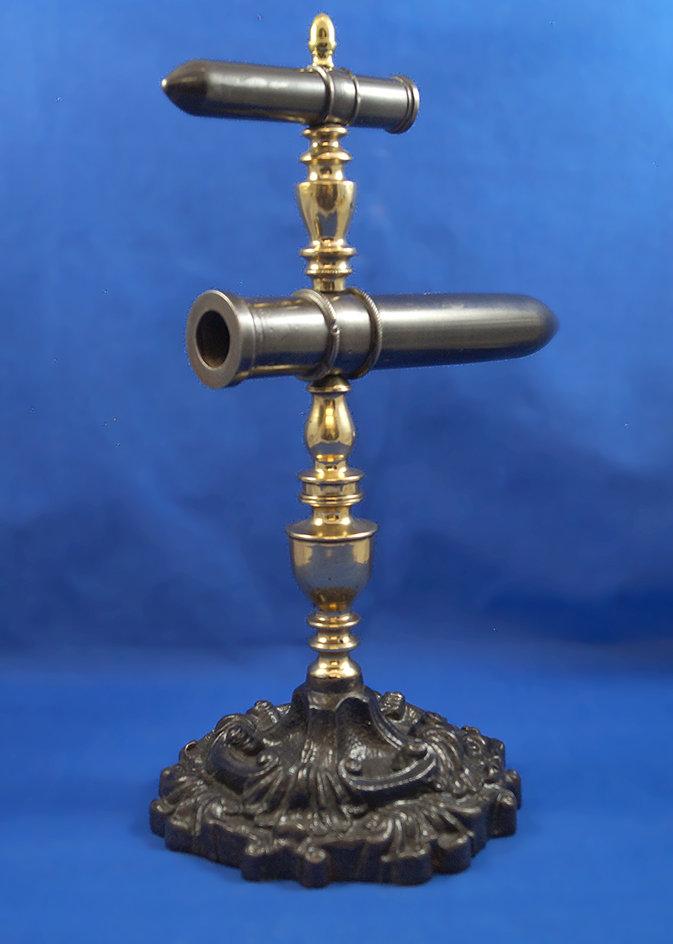 Goffering iron, double, European, brass finial, about 1850, Ht 13", barrels 4 1/2" & 8" long