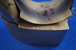 Charcoal iron, H S Pease, Cincinnati, OH, pull pin closing, Ht 8", base 7" long,