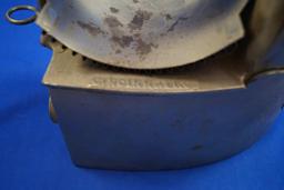 Charcoal iron, H S Pease, Cincinnati, OH, pull pin closing, Ht 8", base 7" long,