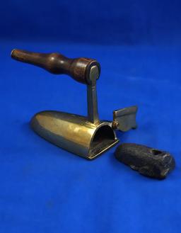 European all brass ox tongue iron, flip gate with slug, long wood handle, Ht 3", base 3" long,