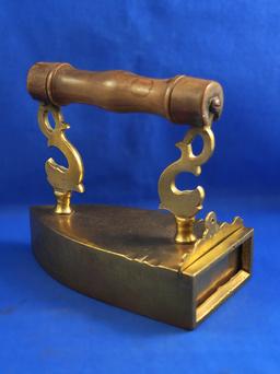 German brass box iron, dolphin posts, Ht 7", 7 1/2" long