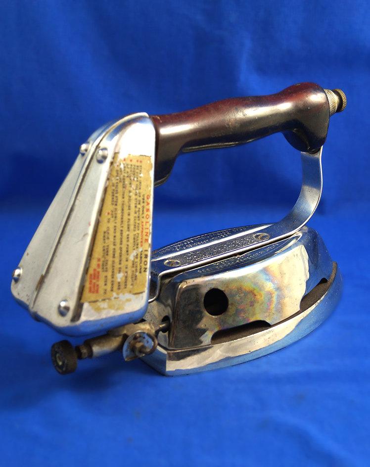 Gasoline iron, "The Quick Lighting", sold by Montgomery Ward, pat 1936, Ht 6", base 7 1/4"