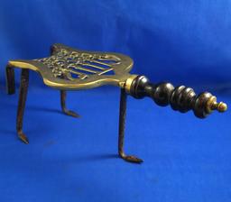 Brass iron resting stand, wood handle, 13" long, 4 3/4" high