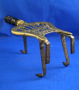 Brass iron resting stand, wood handle, 13" long, 4 3/4" high