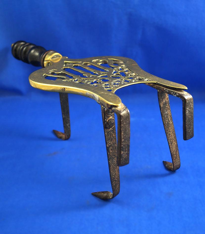Brass iron resting stand, wood handle, 13" long, 4 3/4" high