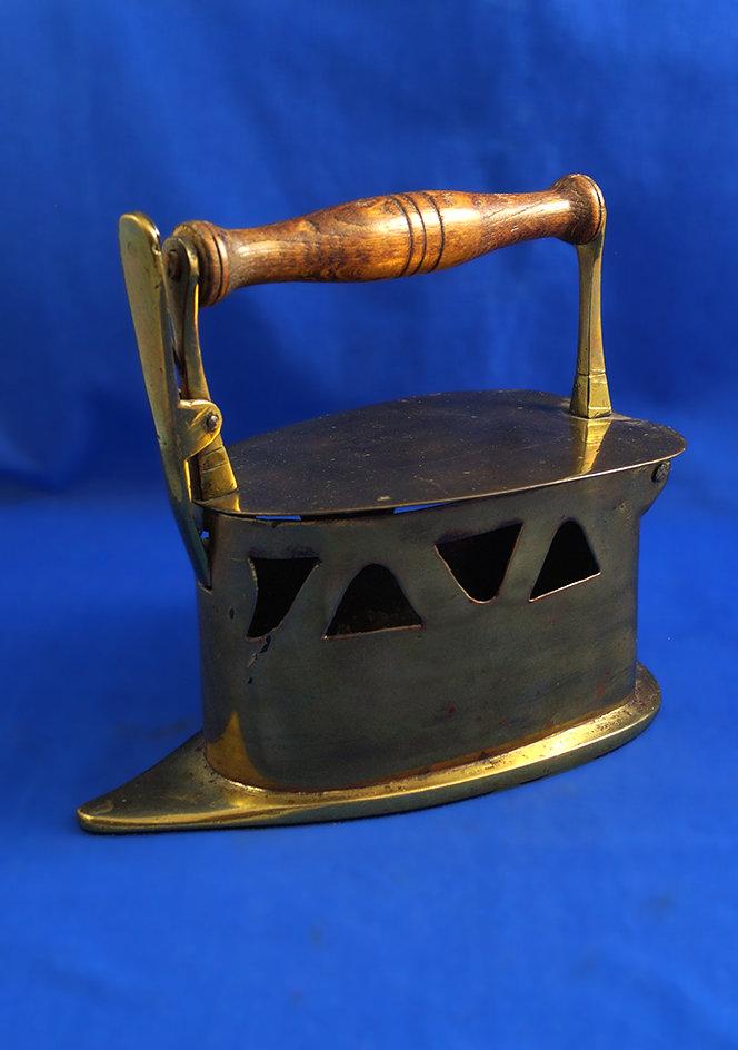 Charcoal box iron, European design, 1700's, brass, thin sole, wood handle, Ht 7", 8" long