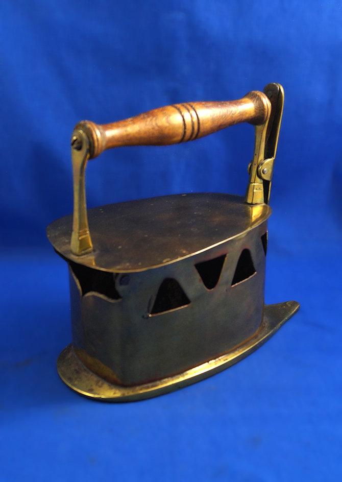 Charcoal box iron, European design, 1700's, brass, thin sole, wood handle, Ht 7", 8" long