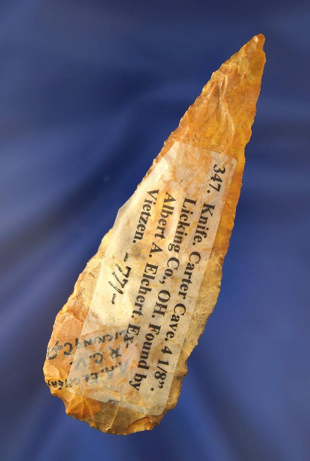 4 1/8" Carter Cave Flint Knife found by Albert A. Elchert in Licking Co., Ohio. Ex. Vietzen