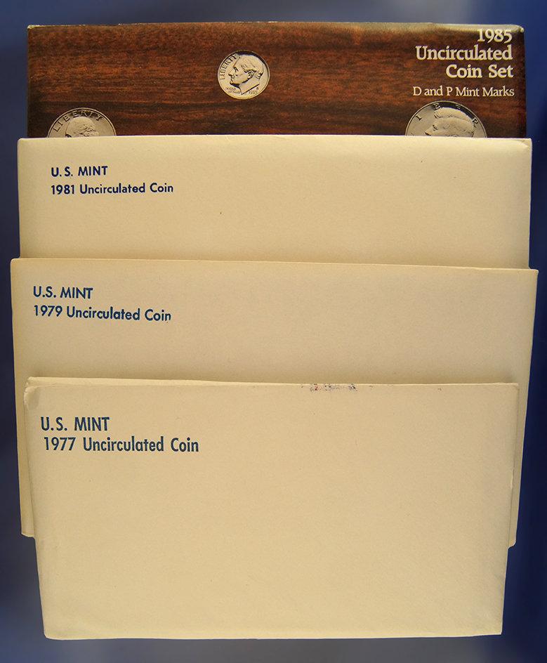 1977, 1979, 1981 and 1985 Mint Sets in Original Envelopes