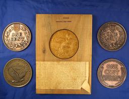 4 Large Coin Replicas 2 – 1877 Indian Cents, 1909-S VDB and 1916 Standing Liberty Quarter.