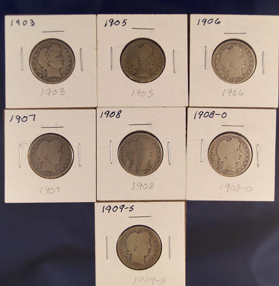 1903, 1905, 1906, 1907, 1908, 1908-O and 1909-S Barber Quarters AG-G