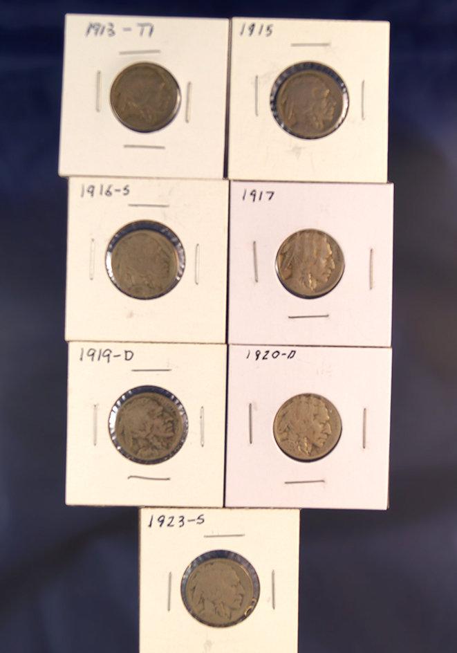 1913 Type I, 1915, 1916-S, 1917, 1919-D and 1923-S Buffalo Nickels AG+-F