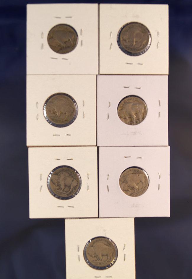 1913 Type I, 1915, 1916-S, 1917, 1919-D and 1923-S Buffalo Nickels AG+-F