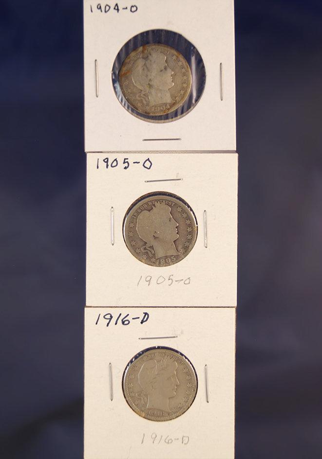 1904-O, 1905-O and 1916-D Barber Quarters AG-VG+