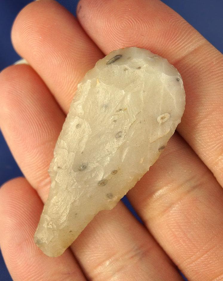 Unusual Stemmed Scraper, 1 ¾” L, dotted, tan Agate. Found by Keith Bradbury.