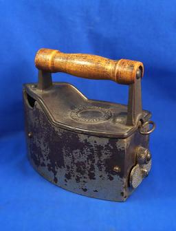 Charcoal box iron, wood handle, Eclipse Co, pat August 25, 1903, Ht 6 1/4", 6 1/2" long