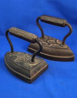 Stove top holder - 3" high x 9" wide.  With 2 SAD irons, star 7 & star 5 clothing irons, late 1800's