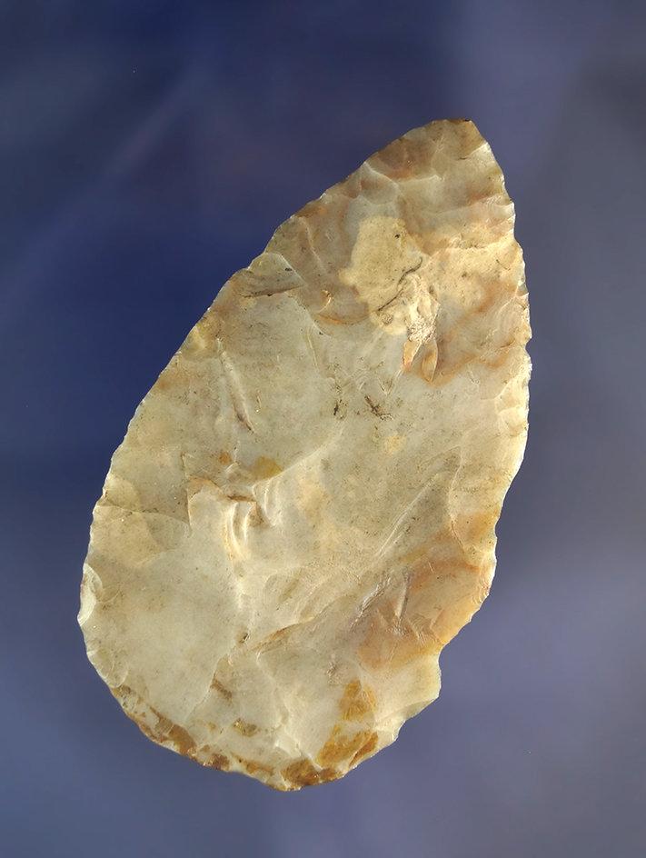 3 1/4" thin, nicely flaked and heavily patinated Flint Ridge Flint Adena Blade found in Ohio.