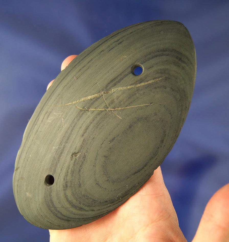 5 7/16" Ovoid Gorget made from Green & Black Banded Slate. Found in Van Wert Co., Ohio.