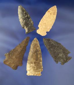 Set of five assorted Flint Arrowheads found in Ohio in good condition, largest is 2 7/8".