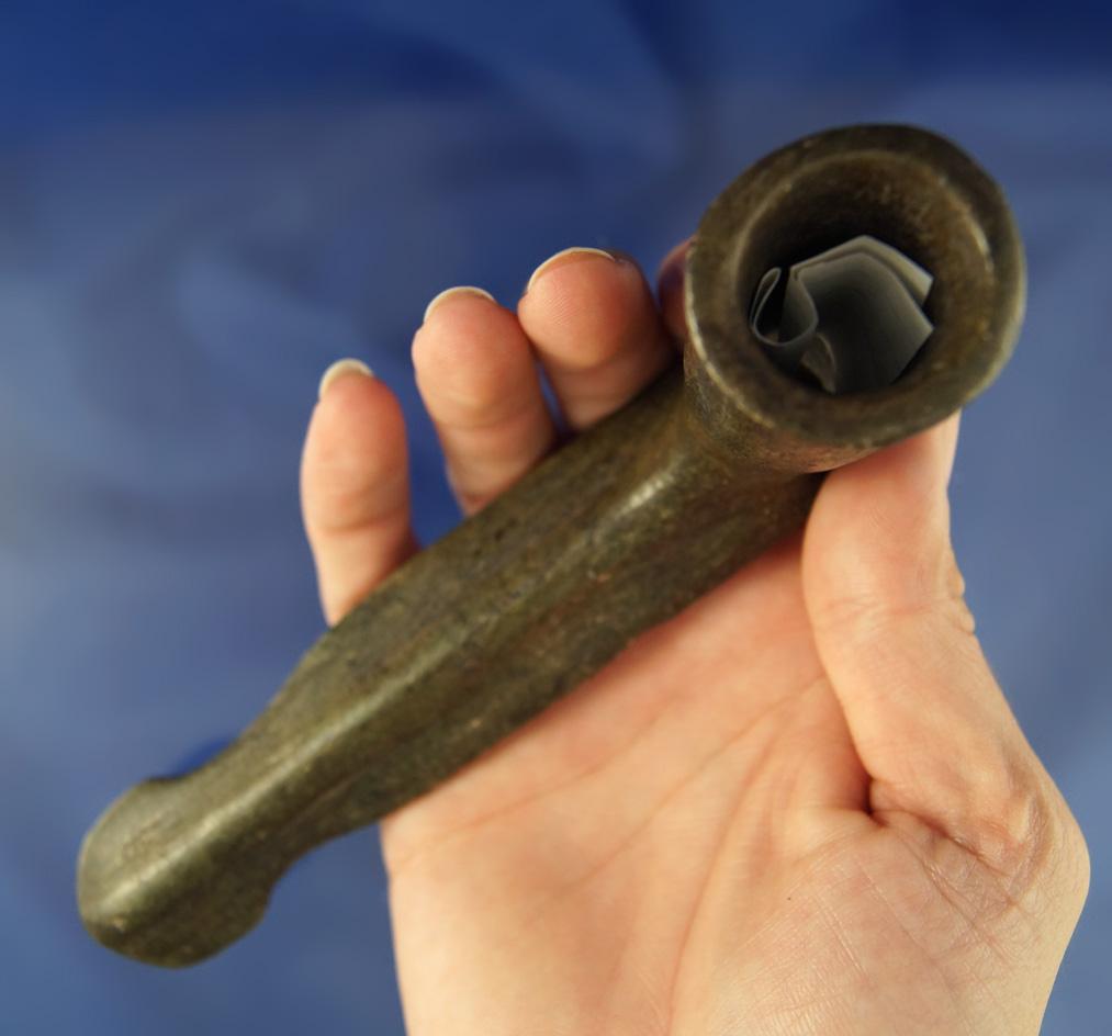 Large 5 7/8" long well styled Steatite Pipe found in 1993 by Bill Hanawalt in Defiance Co.,  Ohio.
