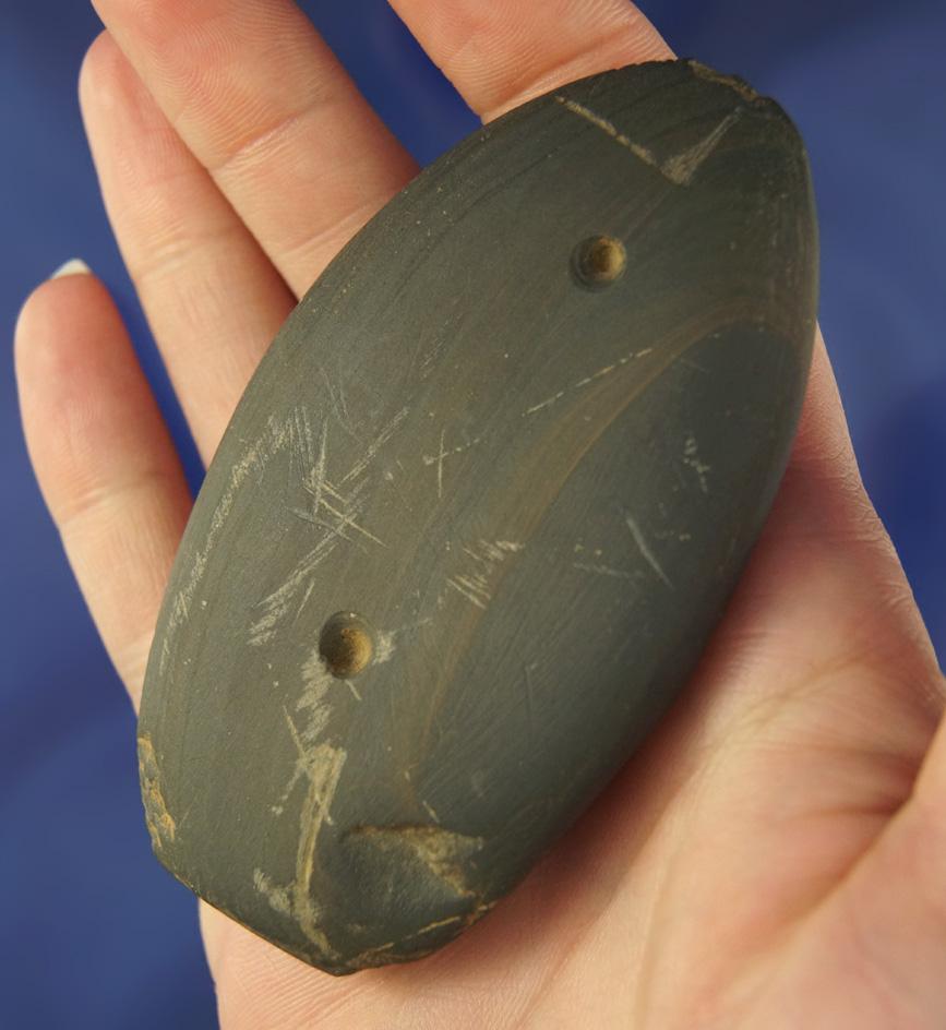 3 1/2" banded slate Gorget that was spotted but not drilled found in Urbana, Champaign Co.,  Ohio