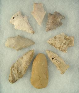 Set of eight assorted Arrowheads, largest is 2 3/4" found in Pettis Co.,  Missouri.